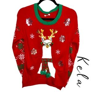 KELA Ugly Christmas Sweater Lama Wearing Glasses Women’s Size Small